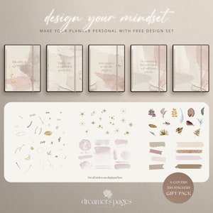 May include: A set of six planner covers with watercolor designs and inspirational quotes. The set also includes 200 stickers with various designs, including stars, leaves, and abstract shapes. The stickers are in shades of pink, gold, and brown.