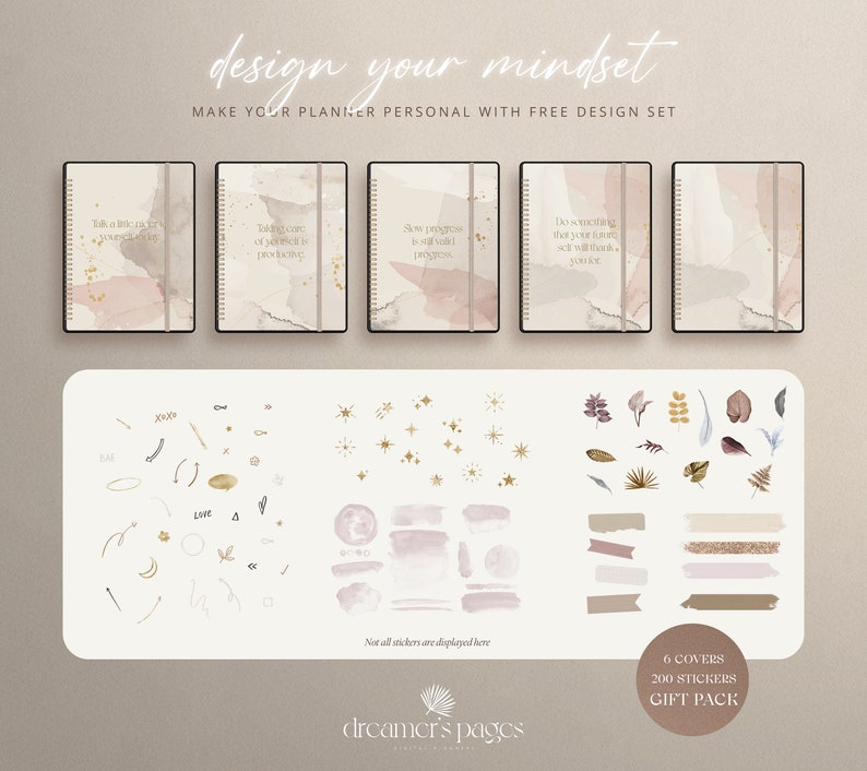 May include: A set of six planner covers with watercolor designs and inspirational quotes. The set also includes 200 stickers with various designs, including stars, leaves, and abstract shapes. The stickers are in shades of pink, gold, and brown.