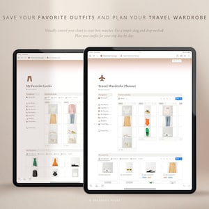 May include: Screenshot of a computer screen showing a website for planning travel wardrobes. The website has two sections: "My Favorite Looks" and "Travel Wardrobe Planner". The "My Favorite Looks" section shows a grid of images of different outfits. The "Travel Wardrobe Planner" section shows a calendar-like grid with spaces for planning outfits for each day of a trip.
