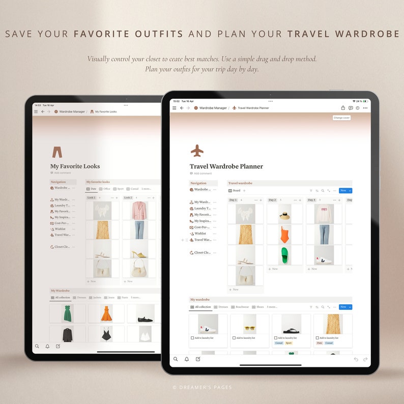 May include: Screenshot of a computer screen showing a website for planning travel wardrobes. The website has two sections: "My Favorite Looks" and "Travel Wardrobe Planner". The "My Favorite Looks" section shows a grid of images of different outfits. The "Travel Wardrobe Planner" section shows a calendar-like grid with spaces for planning outfits for each day of a trip.