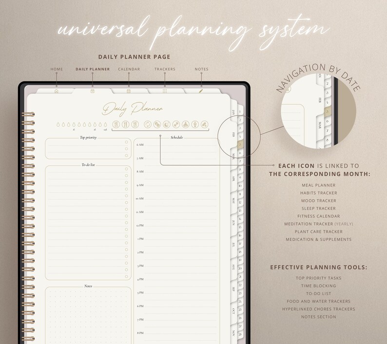 May include: A daily planner page with a white background and black lines. The page is divided into sections for top priority, to-do list, schedule, and notes. The page also includes a calendar section with icons for each month. The text "Daily Planner" is at the top of the page.