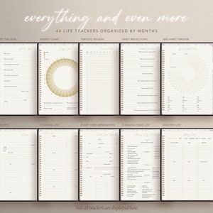 May include: A set of 44 printable life trackers organized by months. The trackers include a set the goal page, energy chart, periods tracker, habit reflections, bad habit tracker, recipes, cleaning list, plant care information, cleaning cheat list, and grocery list. The trackers are designed to help you stay organized and on track with your goals.