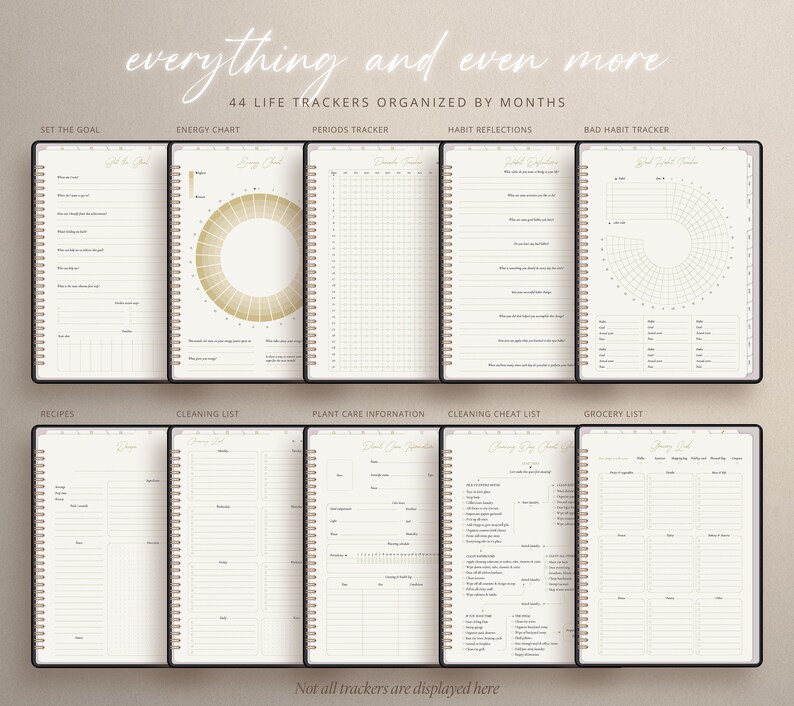 May include: A set of 44 printable life trackers organized by months. The trackers include a set the goal page, energy chart, periods tracker, habit reflections, bad habit tracker, recipes, cleaning list, plant care information, cleaning cheat list, and grocery list. The trackers are designed to help you stay organized and on track with your goals.