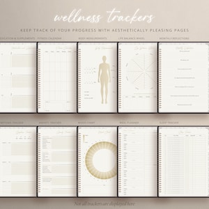 May include: A set of wellness trackers with aesthetically pleasing pages. The trackers include medication and supplements, fitness calendar, body measurements, life balance wheel, monthly reflections, symptoms tracker, anxiety tracker, mood chart, meal planner, and sleep tracker.  The pages are white with gold accents.