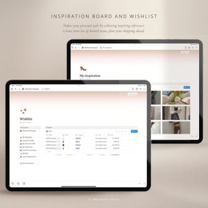 May include: A screenshot of a digital planner app on a tablet. The app is called "Wishlist Manager" and has a section for creating a wishlist and another section for inspiration. The inspiration section has a shoe icon and the text "My Inspiration". The wishlist section has a table with columns for "Name", "Brand", "Price", "Category", "Look", and "Notes".
