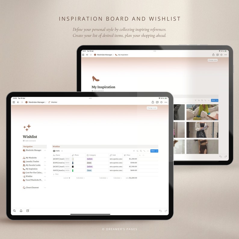 May include: A screenshot of a digital planner app on a tablet. The app is called "Wishlist Manager" and has a section for creating a wishlist and another section for inspiration. The inspiration section has a shoe icon and the text "My Inspiration". The wishlist section has a table with columns for "Name", "Brand", "Price", "Category", "Look", and "Notes".