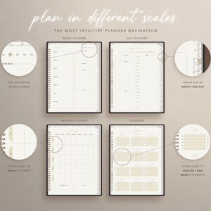 May include: A planner with different views, including weekly, daily, monthly, and calendar views. The planner has a gold coil binding and a black cover.