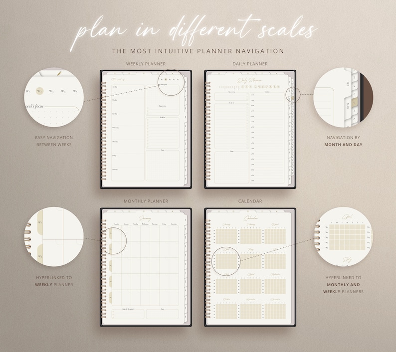 May include: A planner with different views, including weekly, daily, monthly, and calendar views. The planner has a gold coil binding and a black cover.