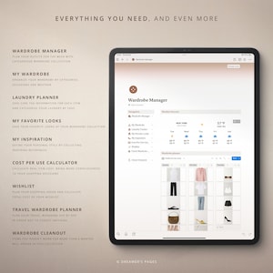 May include: A screenshot of a tablet displaying a wardrobe management app. The app features a calendar planner, a weather forecast, and a list of wardrobe items. The text on the screen reads "Wardrobe Manager".