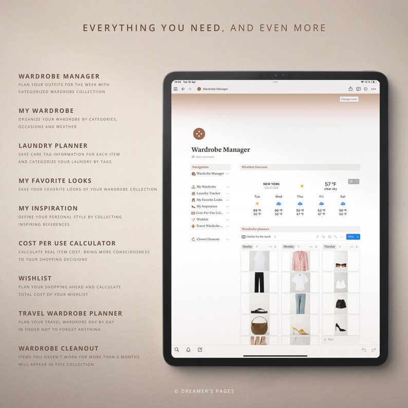 May include: A screenshot of a tablet displaying a wardrobe management app. The app features a calendar planner, a weather forecast, and a list of wardrobe items. The text on the screen reads "Wardrobe Manager".