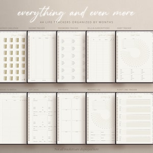 May include: A collection of 44 printable life trackers organized by month. The trackers include a savings challenge, income tracker, passwords tracker, bills and subscriptions, habit tracker, movies to watch, gift ideas, birthdays, reading log, and plant care tracker. The trackers are designed to help you stay organized and on top of your goals.