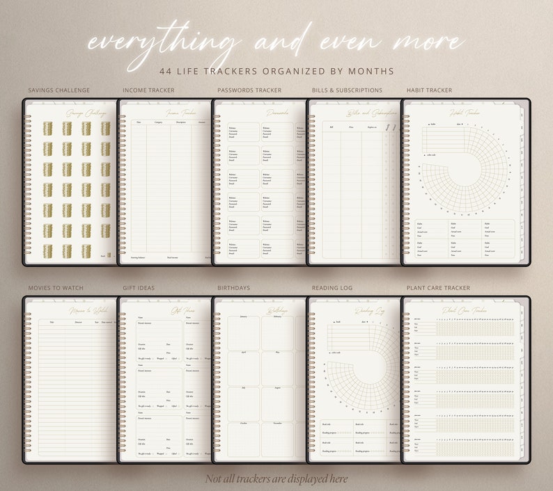 May include: A collection of 44 printable life trackers organized by month. The trackers include a savings challenge, income tracker, passwords tracker, bills and subscriptions, habit tracker, movies to watch, gift ideas, birthdays, reading log, and plant care tracker. The trackers are designed to help you stay organized and on top of your goals.