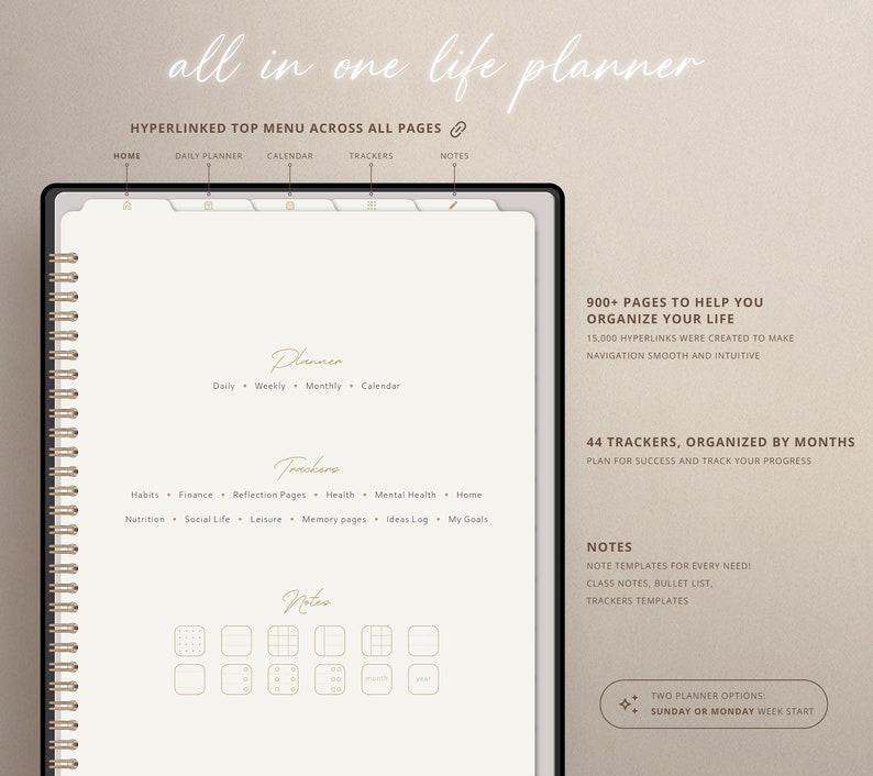 May include: A beige and white planner with a black spiral binding. The planner has a tabbed section for each day of the week, a calendar, and trackers. The text "all in one life planner" is at the top of the page. The text "900+ pages to help you organize your life" is on the right side of the page. The text "44 trackers, organized by months" is also on the right side of the page.