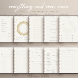 May include: A set of 44 printable life trackers organized by months. The trackers include a set the goal page, energy chart, periods tracker, habit reflections, bad habit tracker, recipes, cleaning list, plant care information, cleaning cheat list, and grocery list. The trackers are designed to help you stay organized and on track with your goals.