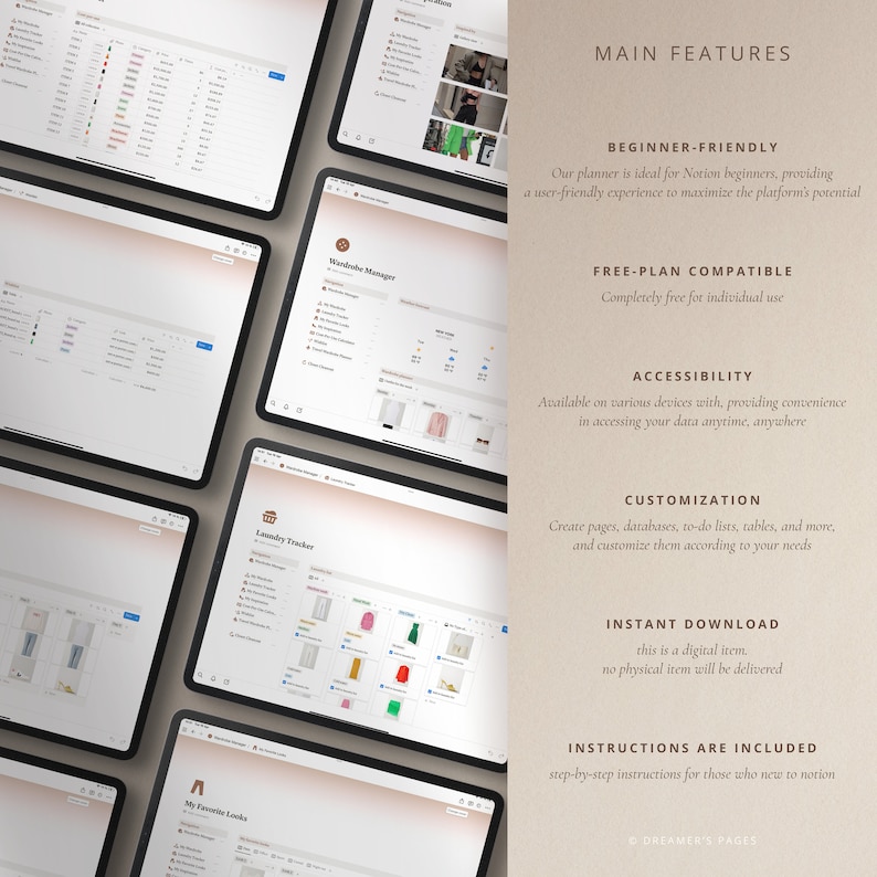 May include: A digital planner for Notion, featuring a wardrobe manager, laundry tracker, and my favorite looks sections. The planner is beginner-friendly, free-plan compatible, accessible on various devices, customizable, and includes step-by-step instructions.