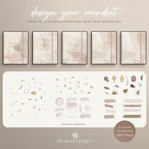 May include: A set of six planner covers and 200 stickers with a minimalist design featuring abstract watercolor shapes in shades of pink and brown. The text "design your mindset" and "MAKE YOUR PLANNER PERSONAL WITH FREE DESIGN SET" is displayed at the top of the image. The text "dreamer's pages" is displayed at the bottom of the image.