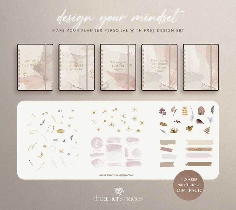 May include: A set of six planner covers and 200 stickers with a minimalist design featuring abstract watercolor shapes in shades of pink and brown. The text "design your mindset" and "MAKE YOUR PLANNER PERSONAL WITH FREE DESIGN SET" is displayed at the top of the image. The text "dreamer's pages" is displayed at the bottom of the image.