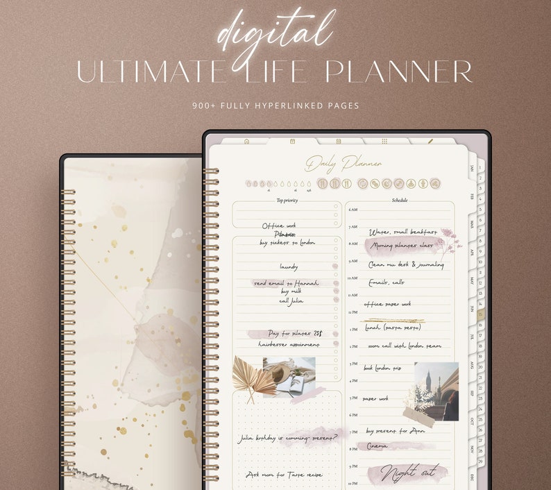 May include: A digital planner with a beige and gold color scheme. The planner has a daily planner section with a list of tasks and a schedule section. The planner also has a section for top priority tasks. The planner is open to a page with the text "Daily Planner" at the top.