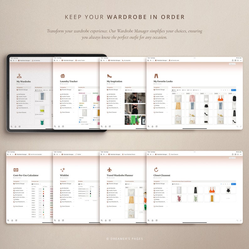 May include: A screenshot of a computer screen showing a digital wardrobe manager app. The app has several tabs, including "My Wardrobe", "Laundry Tracker", "My Inspiration", "My Favorite Looks", "Cost-Per-Use Calculator", "Wishlist", "Travel Wardrobe Planner", and "Closet Cleanest".