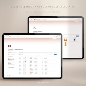 May include: A screenshot of a website called "Closet Cleanout" that helps users track their wardrobe and calculate the cost per use of each item. The website features a table with columns for item name, category, price, times worn, and cost per wear. The website also includes a navigation bar with links to other features, such as a laundry tracker and a cost per use calculator.