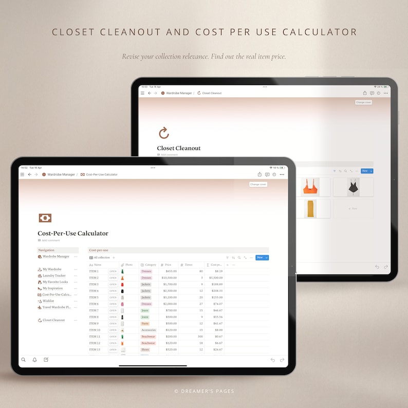 May include: A screenshot of a website called "Closet Cleanout" that helps users track their wardrobe and calculate the cost per use of each item. The website features a table with columns for item name, category, price, times worn, and cost per wear. The website also includes a navigation bar with links to other features, such as a laundry tracker and a cost per use calculator.