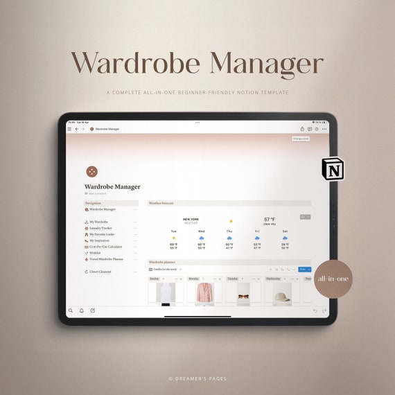 Wardrobe Manager | Notion Template | Wardrobe Planner | Outfit Planner | Aesthetic Notion | Notion | Notion Dashboard | Closet Cleanout