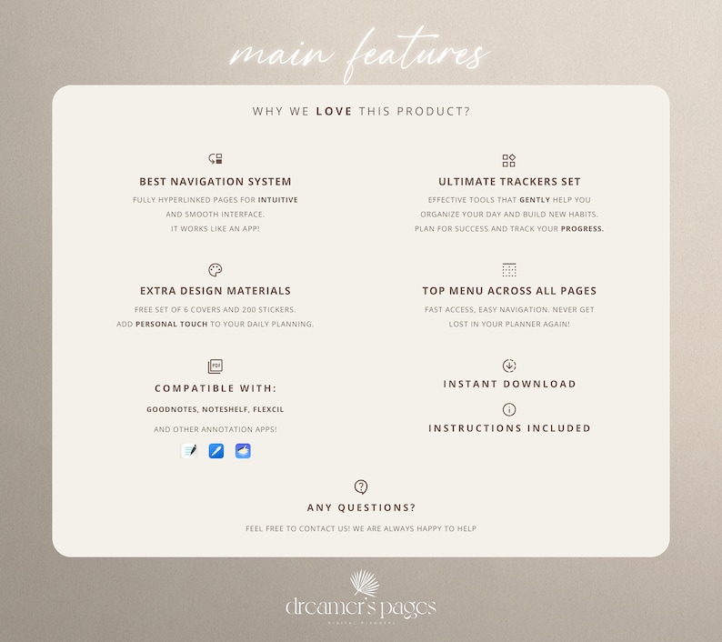May include: A white and beige graphic with the text "main features" and "WHY WE LOVE THIS PRODUCT?"  The graphic lists features of a digital planner, including a best navigation system, ultimate trackers set, extra design materials, top menu across all pages, compatible with, instant download, and instructions included.  The graphic also includes icons for each feature.