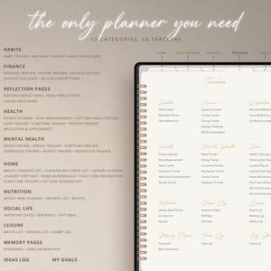May include: A planner with a beige cover and gold lettering. The planner has 12 categories and 44 trackers. The categories include habits, finance, reflection pages, health, mental health, home, nutrition, social life, leisure, memory pages, ideas log, and my goals. The trackers include habit tracker, bad habit tracker, habit reflections, expenses tracker, income tracker, savings tracker, savings challenge, bills & subscriptions, monthly reflections, yearly reflections, life balance wheel, fitness planner, body measurements, hot girls walk tracker, sleep tracker, symptoms tracker, periods tracker, medication & supplements, mood tracker, energy tracker, symptoms tracker, depression tracker, anxiety tracker, meditation tracker, weekly cleaning list, cleaning day cheat list, laundry planner, laundry care tags, home maintenance, plant care information, plant care tracker, pet care information, weekly meal planner, grocery list, recipes, important dates, birthdays, gift ideas, watch list, reading log, hobby log, passwords, bank information, ideas log, and my goals.