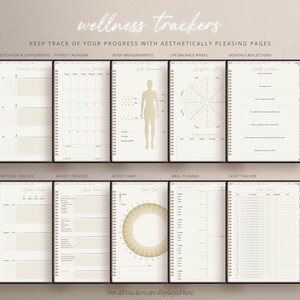 May include: A set of wellness trackers with pages for medication and supplements, fitness calendar, body measurements, life balance wheel, and monthly reflections. The trackers are designed with a minimalist aesthetic and feature a gold color scheme.