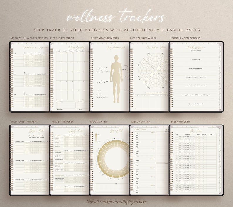 May include: A set of wellness trackers with pages for medication and supplements, fitness calendar, body measurements, life balance wheel, and monthly reflections. The trackers are designed with a minimalist aesthetic and feature a gold color scheme.