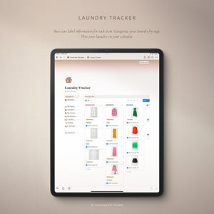 May include: A screenshot of a computer screen showing a laundry tracker app. The app has a list of laundry items, categorized by type of wash, and a calendar to schedule laundry days.