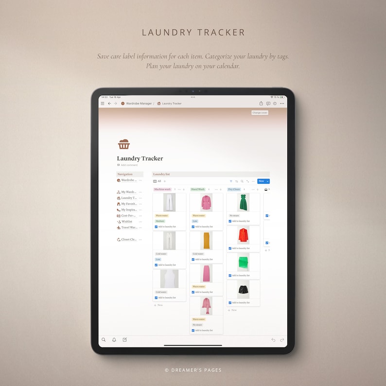 May include: A screenshot of a computer screen showing a laundry tracker app. The app has a list of laundry items, categorized by type of wash, and a calendar to schedule laundry days.