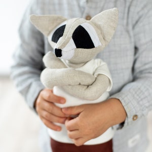 Organic Linen Stuffed Racoon Toy, Woodland Art Dolls, Handcrafted Neutral Timeless Toy, Natural Eco baby gift image 1