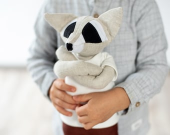 Organic Linen Stuffed Racoon Toy, Woodland Art Dolls, Handcrafted Neutral Timeless Toy, Natural Eco baby gift