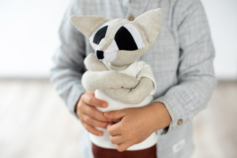 Organic Linen Stuffed Racoon Toy, Woodland Art Dolls, Handcrafted Neutral Timeless Toy, Natural Eco baby gift image 1