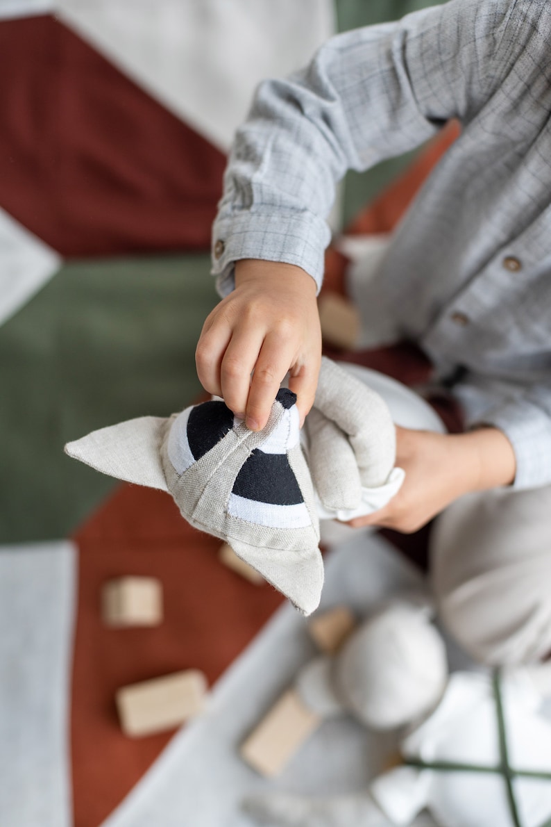 Organic Linen Stuffed Racoon Toy, Woodland Art Dolls, Handcrafted Neutral Timeless Toy, Natural Eco baby gift image 5