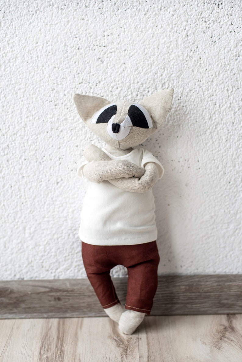 Organic Linen Stuffed Racoon Toy, Woodland Art Dolls, Handcrafted Neutral Timeless Toy, Natural Eco baby gift image 4