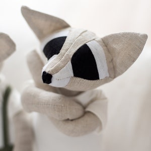 Organic Linen Stuffed Racoon Toy, Woodland Art Dolls, Handcrafted Neutral Timeless Toy, Natural Eco baby gift image 2