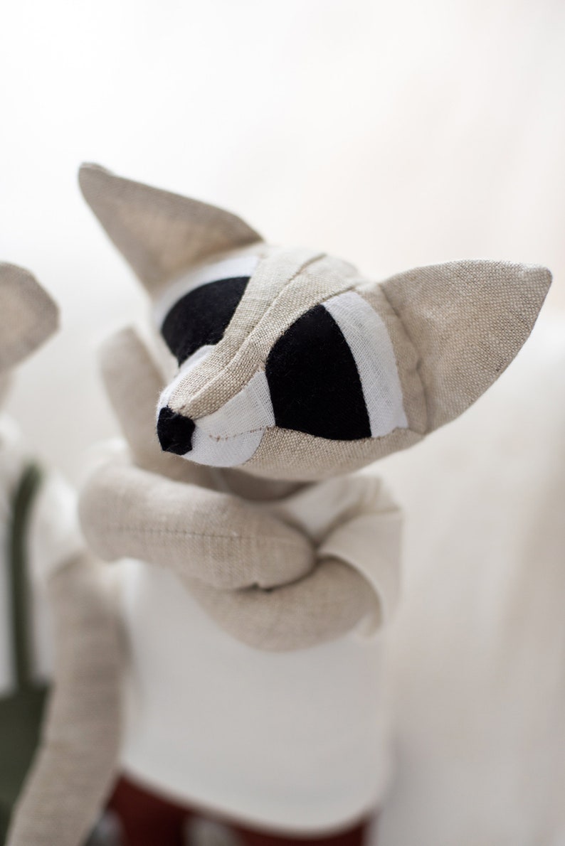 Organic Linen Stuffed Racoon Toy, Woodland Art Dolls, Handcrafted Neutral Timeless Toy, Natural Eco baby gift image 2