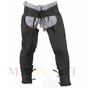 May include: Black leather chaps with a tie at the waist and a flap on the back.
