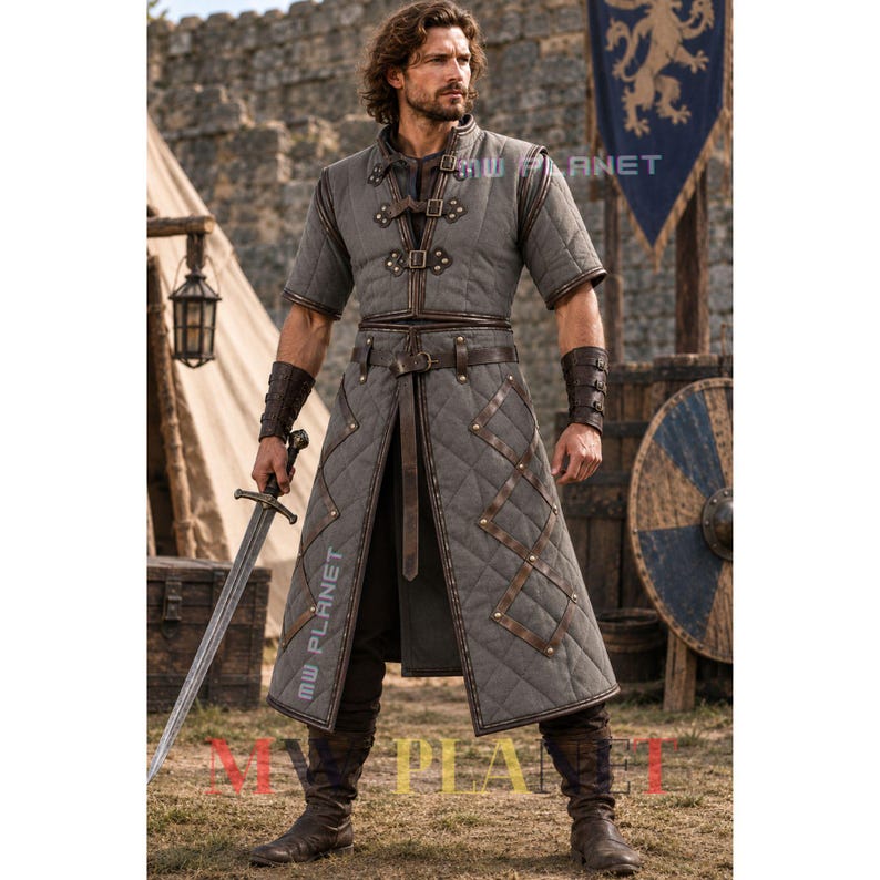 Medeltida Gambeson-rustning: Vadderad bomullsquiltad lajvkostym bild 5