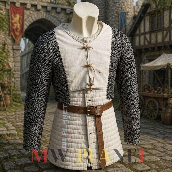 Gambesón medieval acolchado: chaqueta de algodón con mangas de cota de malla acoplables