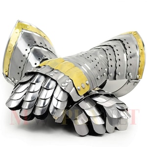 Medieval Armor Gauntlets Gloves Armor Pair I Brass and Natural silver Accents Medieval Knight Crusader Gauntlet Steel Golves