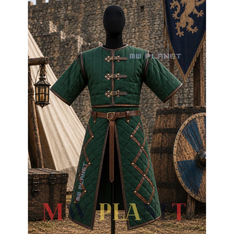 Medeltida Gambeson-rustning: Vadderad bomullsquiltad lajvkostym bild 1