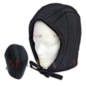 May include: Black padded hood with a tie closure, displayed on a mannequin head. A smaller, matching black padded cap is also shown. The hood and cap appear to be made of a quilted fabric. The text "MW PLANET" is visible on the image.