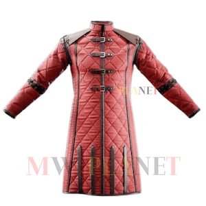 Medieval Viking Thick Padded Cotton Long Gambeson Leather trim - Authentic LARP Armor for Reenactments, Cosplay, and Historical Events