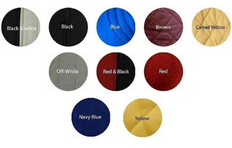 K&ouml;nnte beinhalten: Eine Sammlung von zehn Stoffmustern in verschiedenen Farben, darunter Schwarz, Wei&szlig;, Blau, Braun, Kamelgelb, Cremewei&szlig;, Rot, Dunkelblau und Gelb.