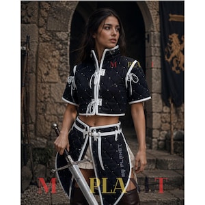 Mittelalterlicher Baumwoll-Gambeson: Wikinger Rüstung Aketon - SKA LARP-Kostüm Black + White trim