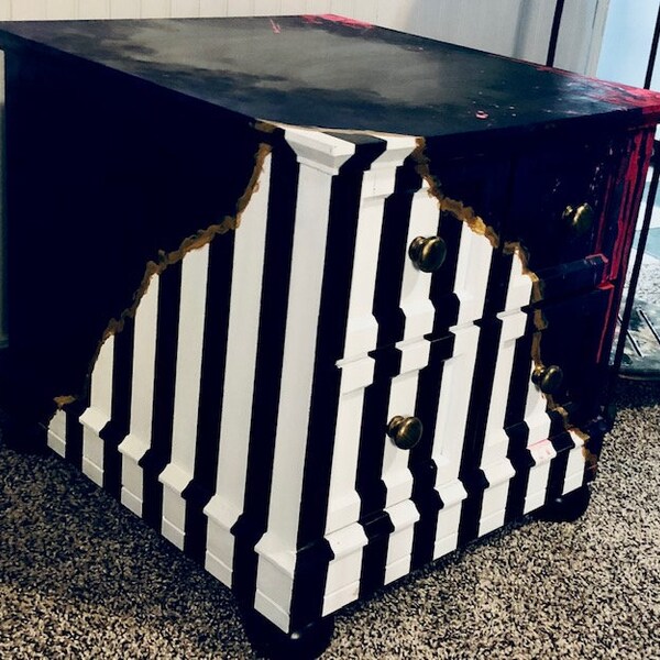 Hand painted cube accent table with black and white stripes, storage cabinet