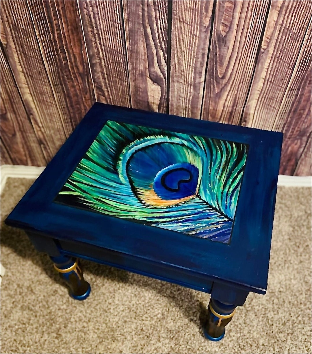PEACOCK FEATHER ART, Blue, Teal, Gold, Handpainted, Resin Top Table Etsy